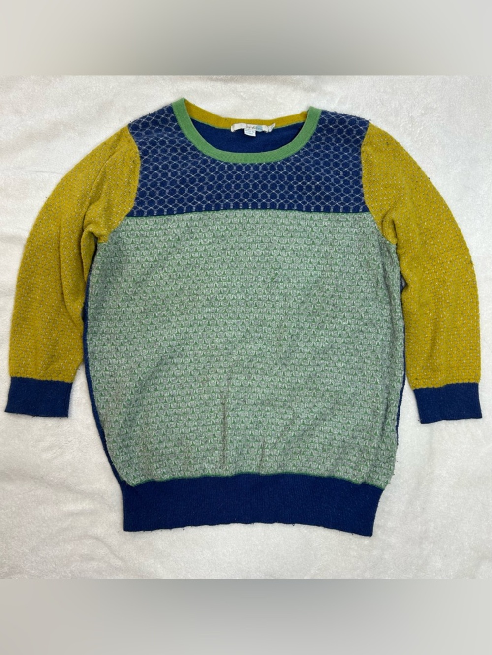 Boden Colorblock Cashmere Blend Jacquard 3/4 Sleeve Crewneck Sweater size 8 - Picture 8 of 16